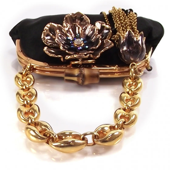 Silk Flower Charm Bamboo Pochette Black
