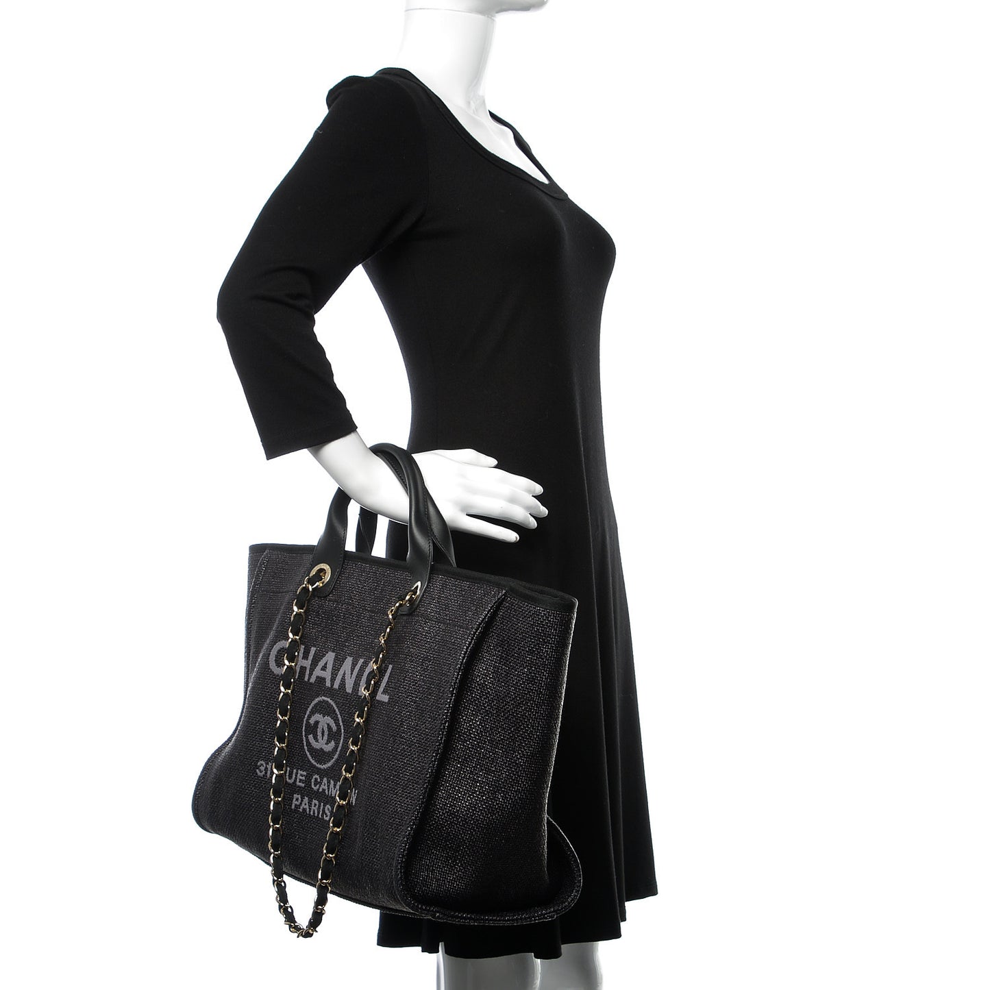 Woven Straw Raffia Large Deauville Tote Black