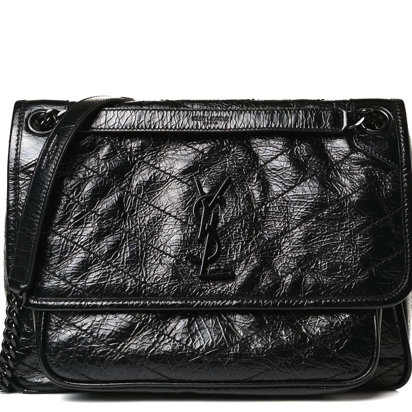 Crinkled Calfskin Matelasse Monogram Medium Niki Chain Satchel Black