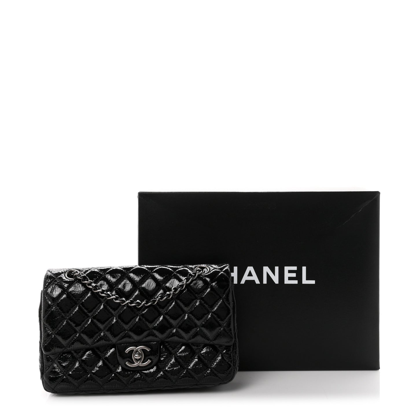 Crumpled Patent Quilted Medium Double Flap Black