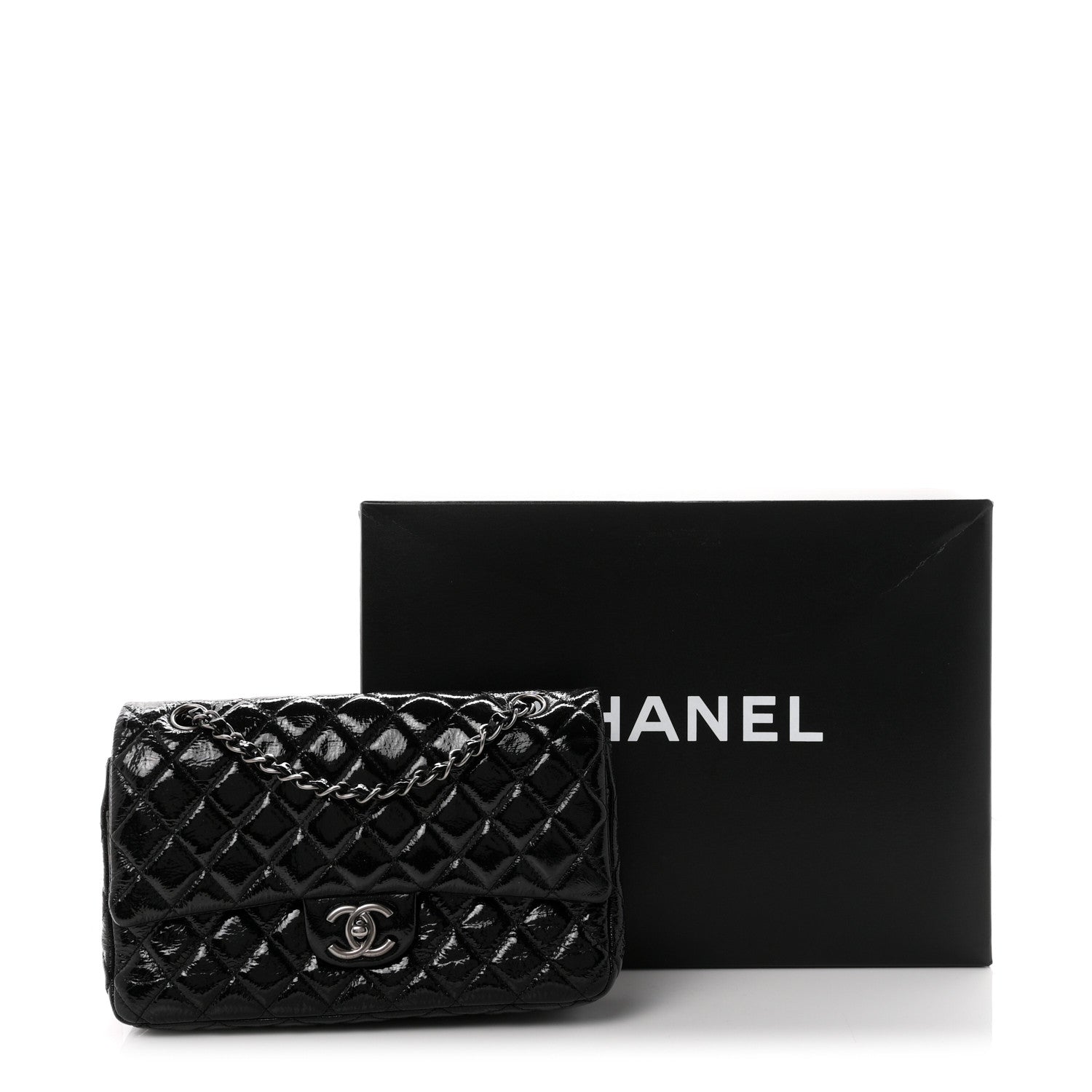 Chanel Crumpled Patent Quilted Medium Double Flap Black 11 of 11