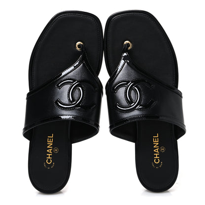 Chanel Lambskin Patent Calfskin CC Thong Sandals  37 Black 2 of 10
