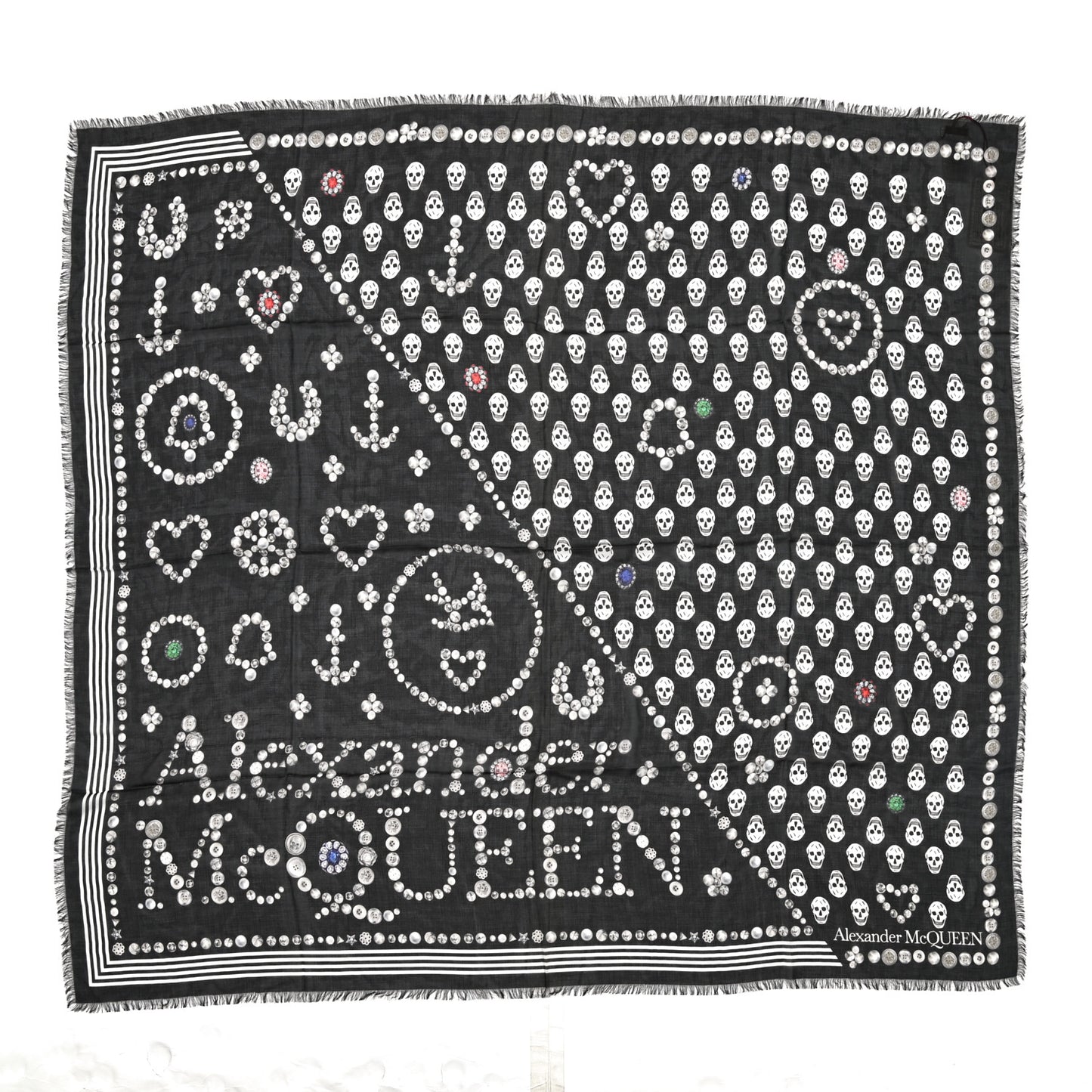 Silk Chiffon Jewelled Button Skull Scarf Black White