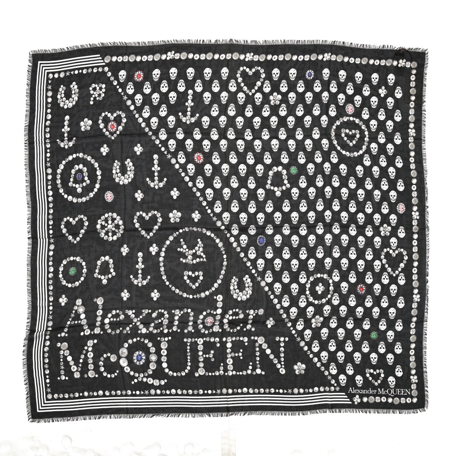 Alexander McQueen Silk Chiffon Jewelled Button Skull Scarf Black White 1 of 3