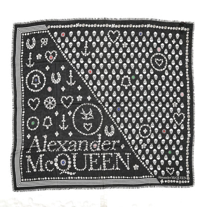 Alexander McQueen Silk Chiffon Jewelled Button Skull Scarf Black White 1 of 3