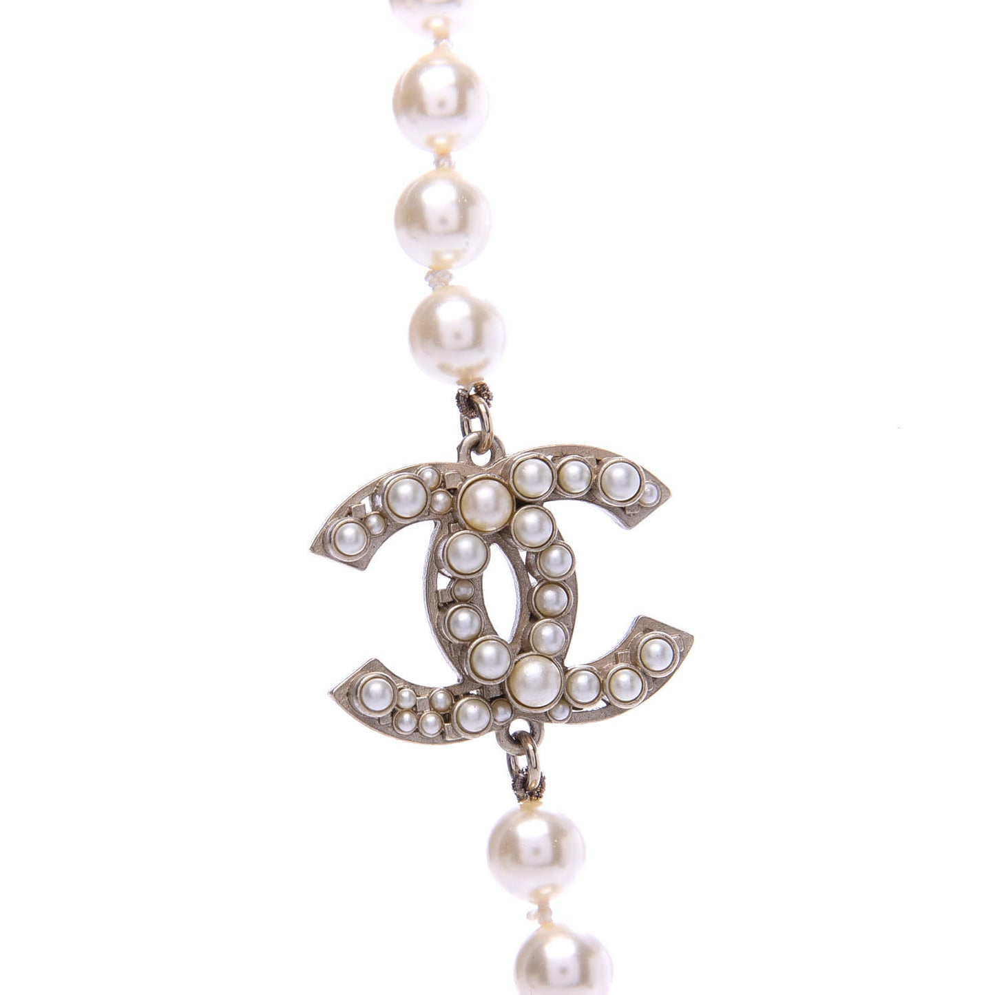 Graduated Pearl CC Long Necklace Light Gold