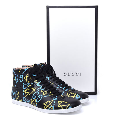 Gucci Calfskin GucciGhost Print Mens High Top Sneakers 9 Black New Acquamarine 10 of 10