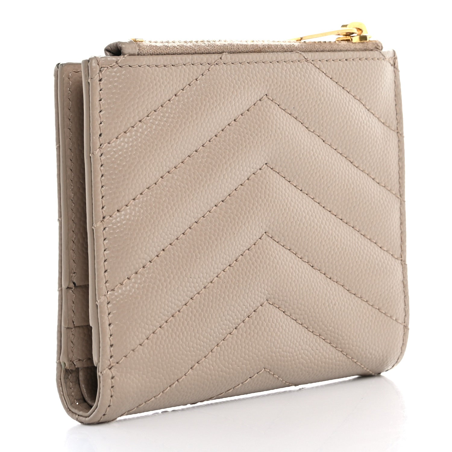 Saint Laurent Grain De Poudre Matelasse Chevron Monogram Zipped Card Case Dark Beige 3 of 12