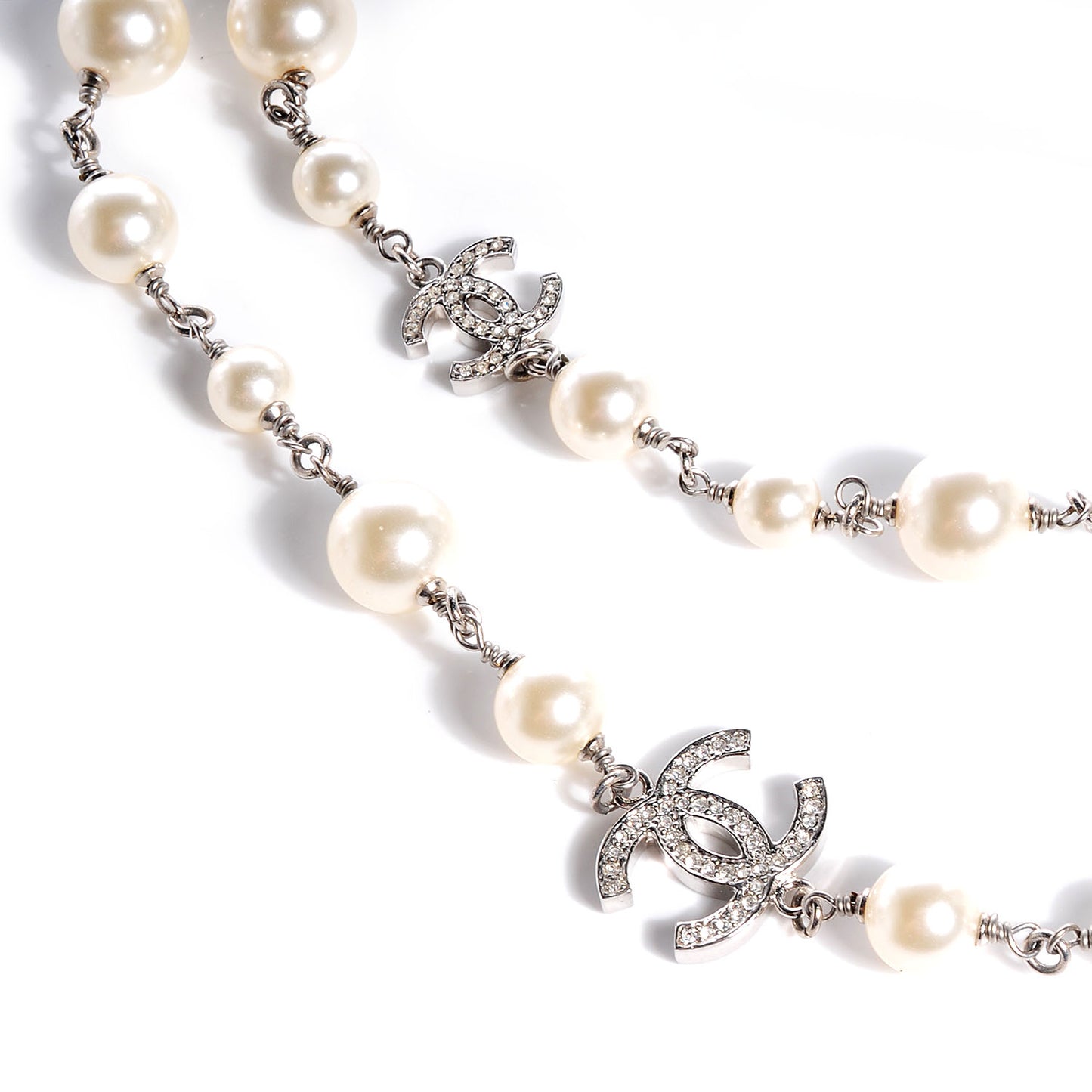 Crystal Pearl CC Long Necklace Silver