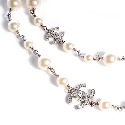 Chanel Crystal Pearl CC Long Necklace Silver 3 of 5