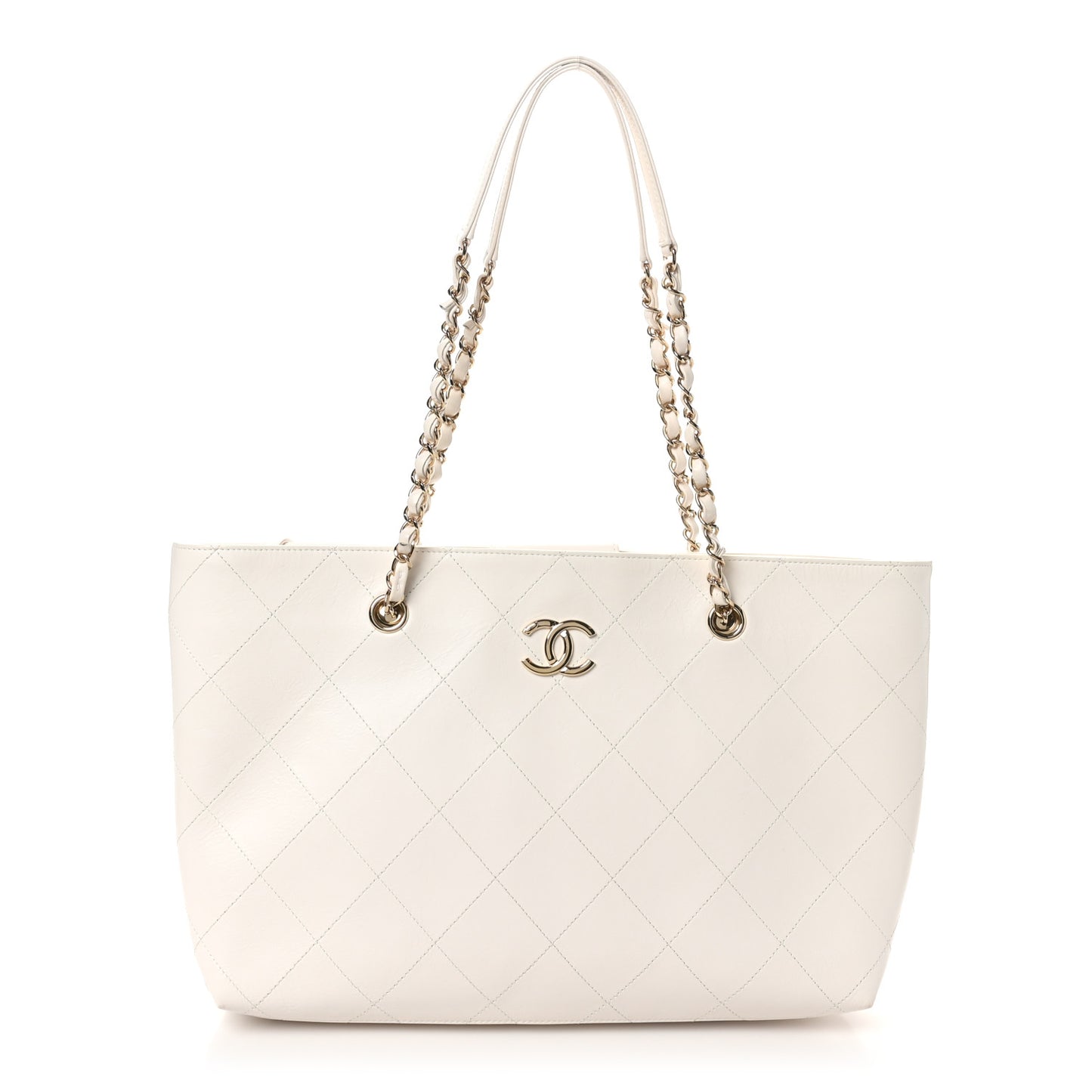 Glazed Calfskin Stitched Shopping Tote White