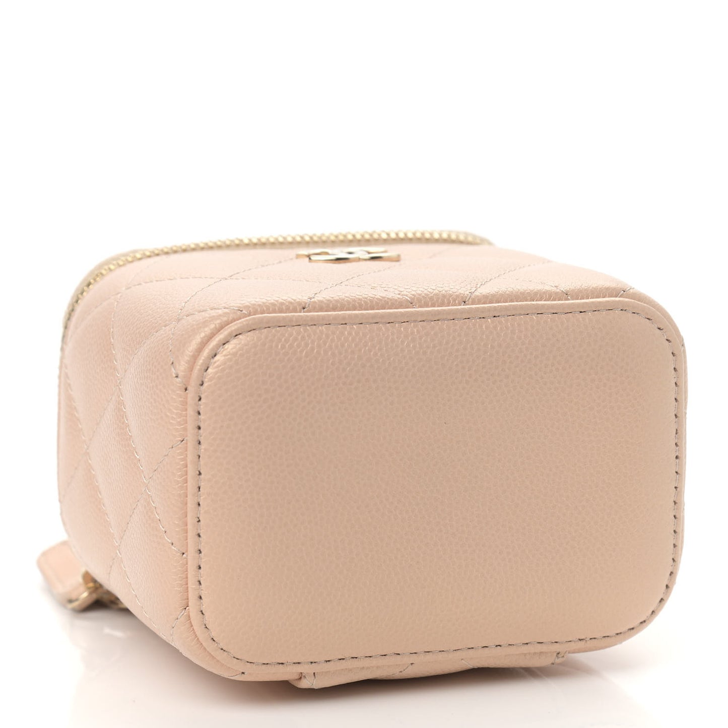 Iridescent Caviar Quilted Mini Pearl On Top Vanity Case With Chain Beige