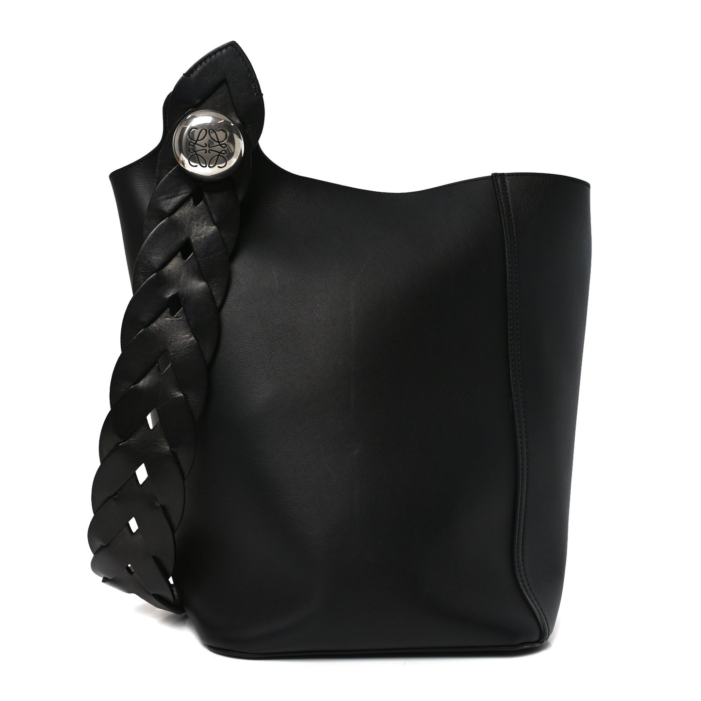 Smooth Calfski Large Woven Pebble Bucket Bag Black