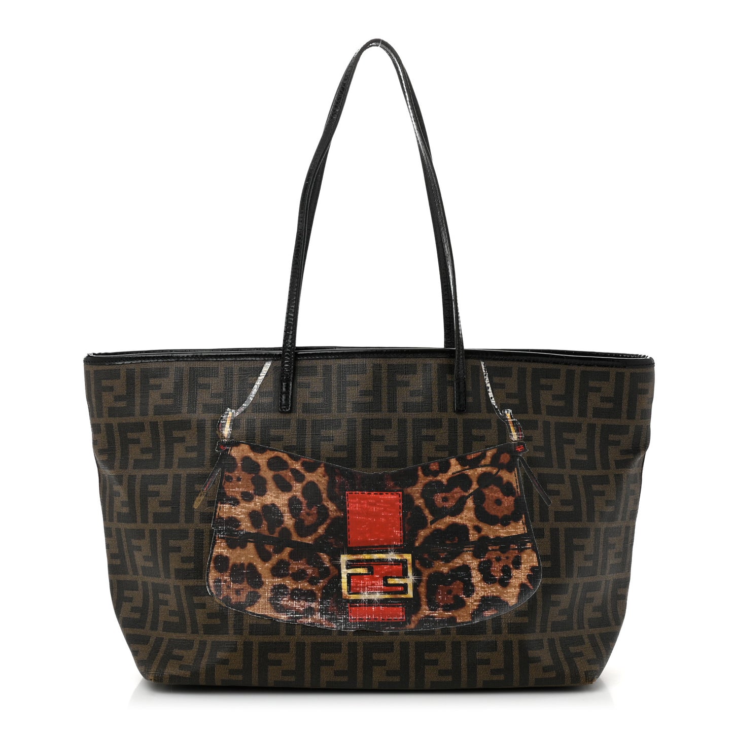 Zucca Spalmati Patent Baguette Print Medium Roll Tote Tobacco