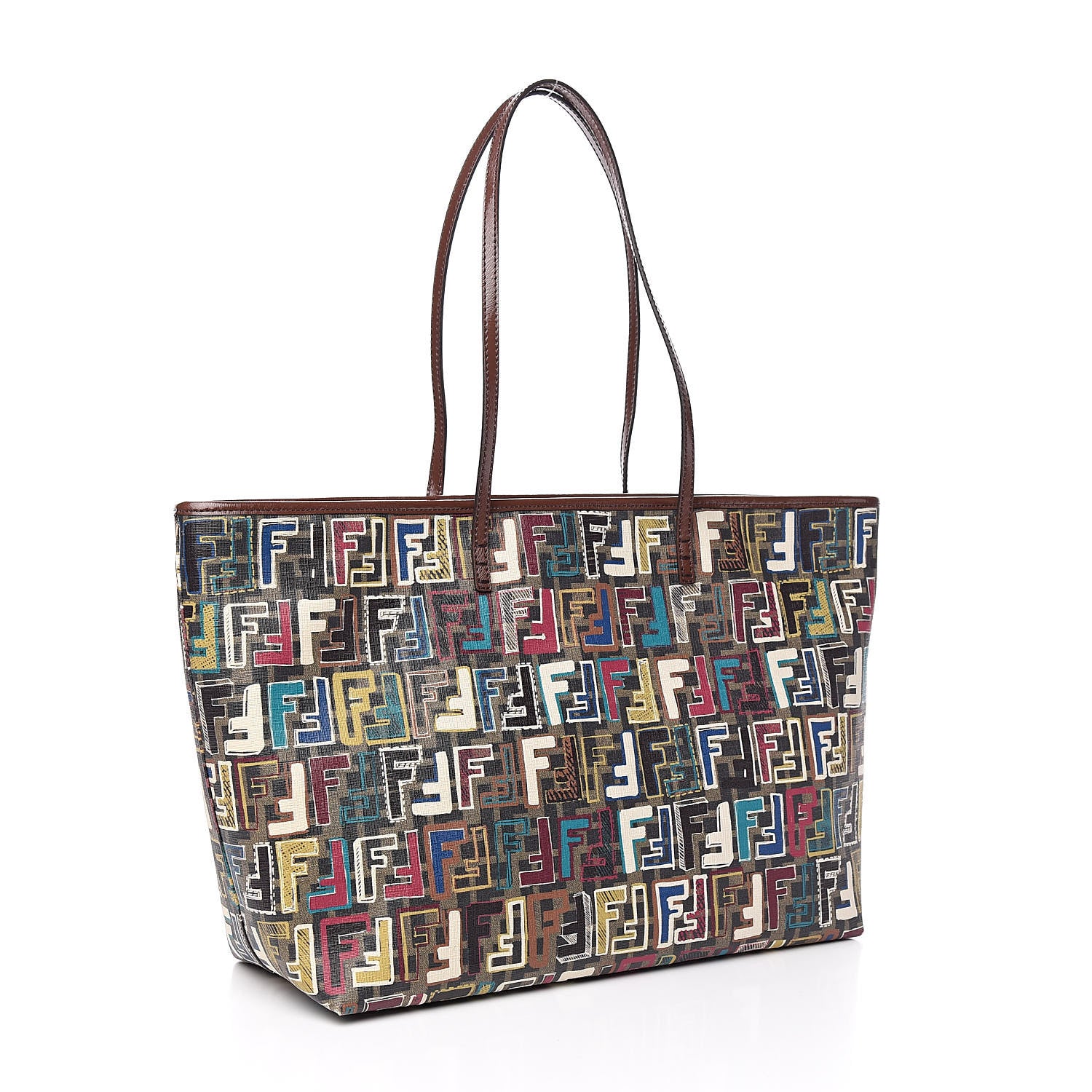 Fendi Zucca Spalmati Vitello FF Multicolor Medium Roll Tote Tobacco Multicolor Marrone 3 of 10