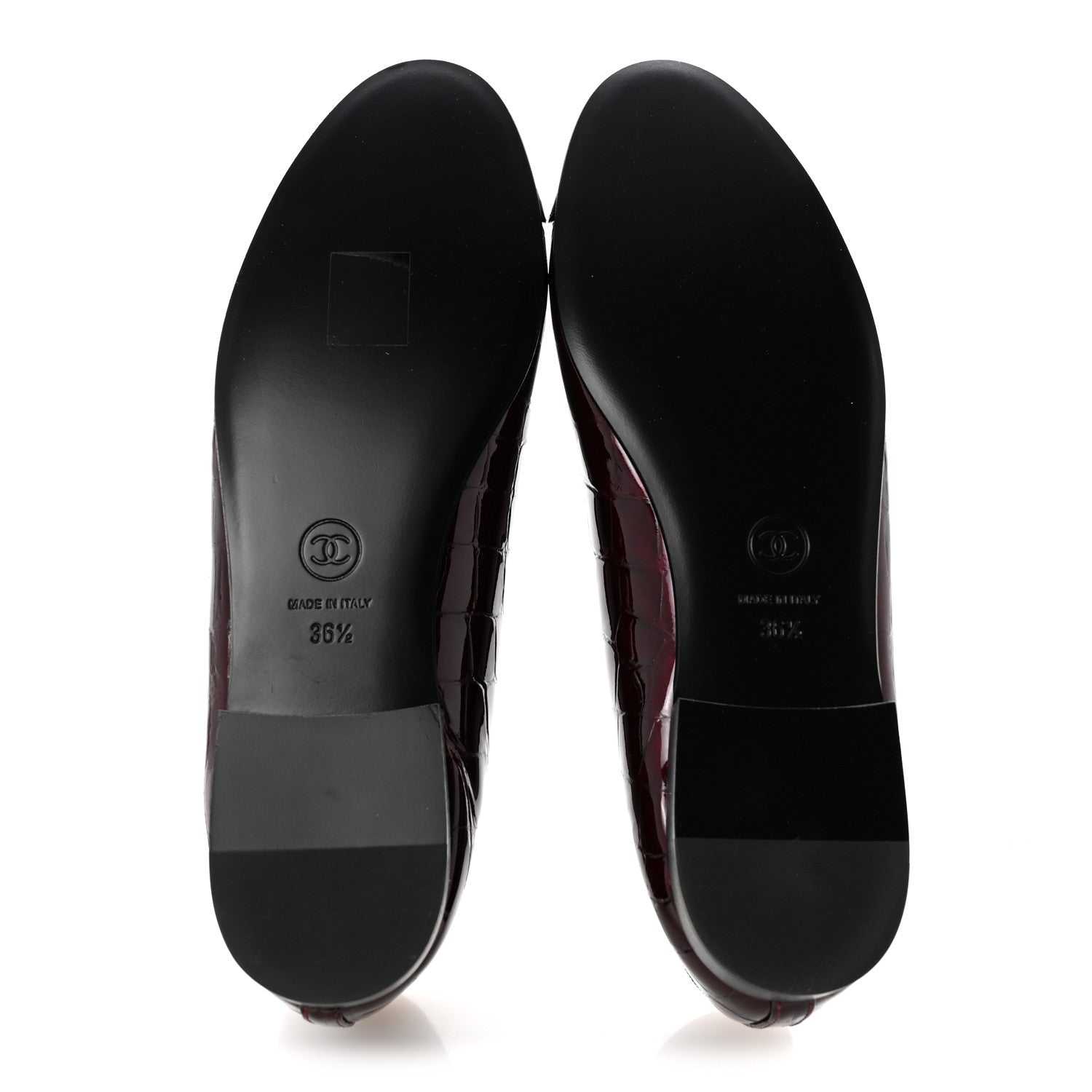 Chanel Patent Calfskin Crocodile Embossed Cap Toe CC Ballerina Flats 36.5 Dark Burgundy Black 6 of 10