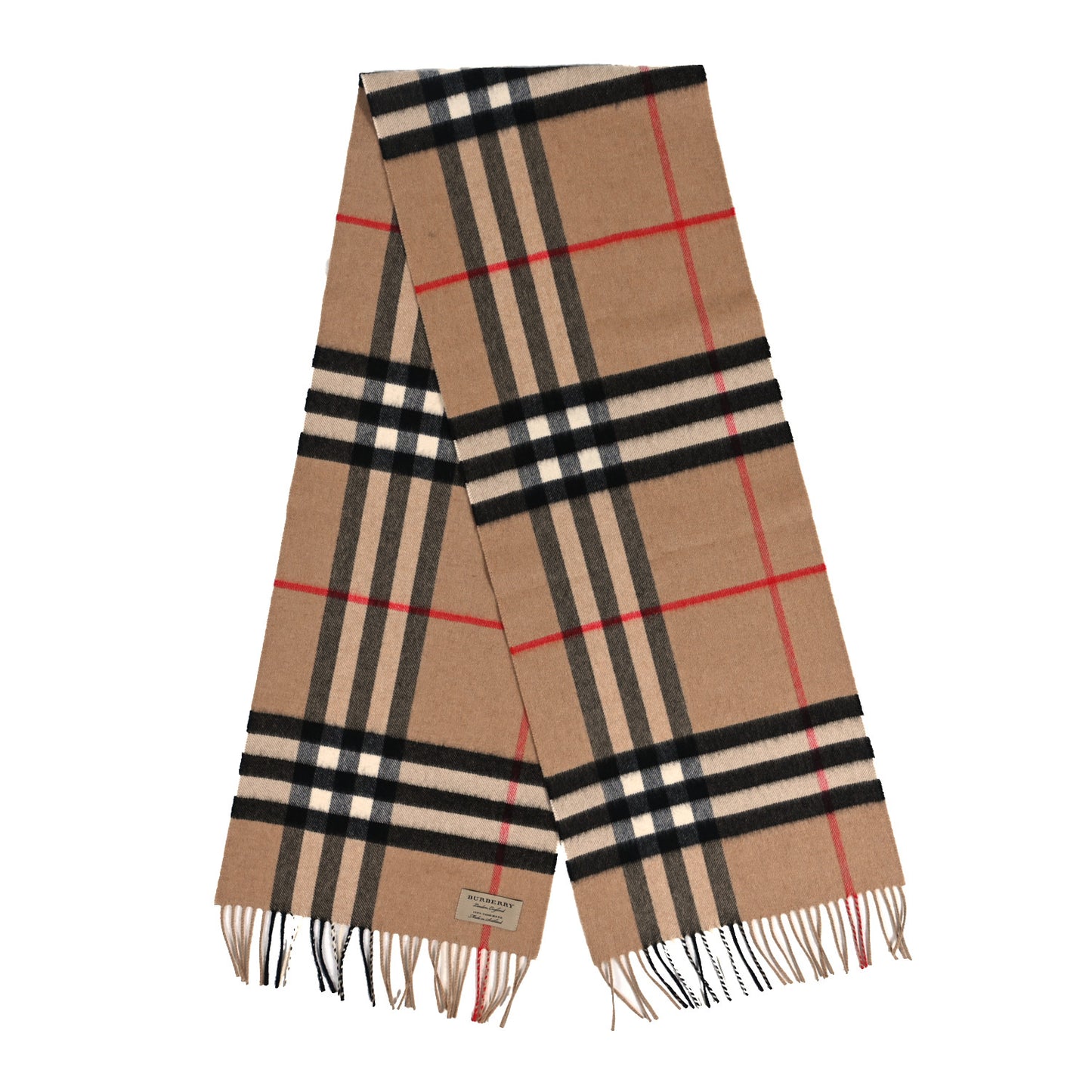 Cashmere Giant Check Fringe Scarf Camel