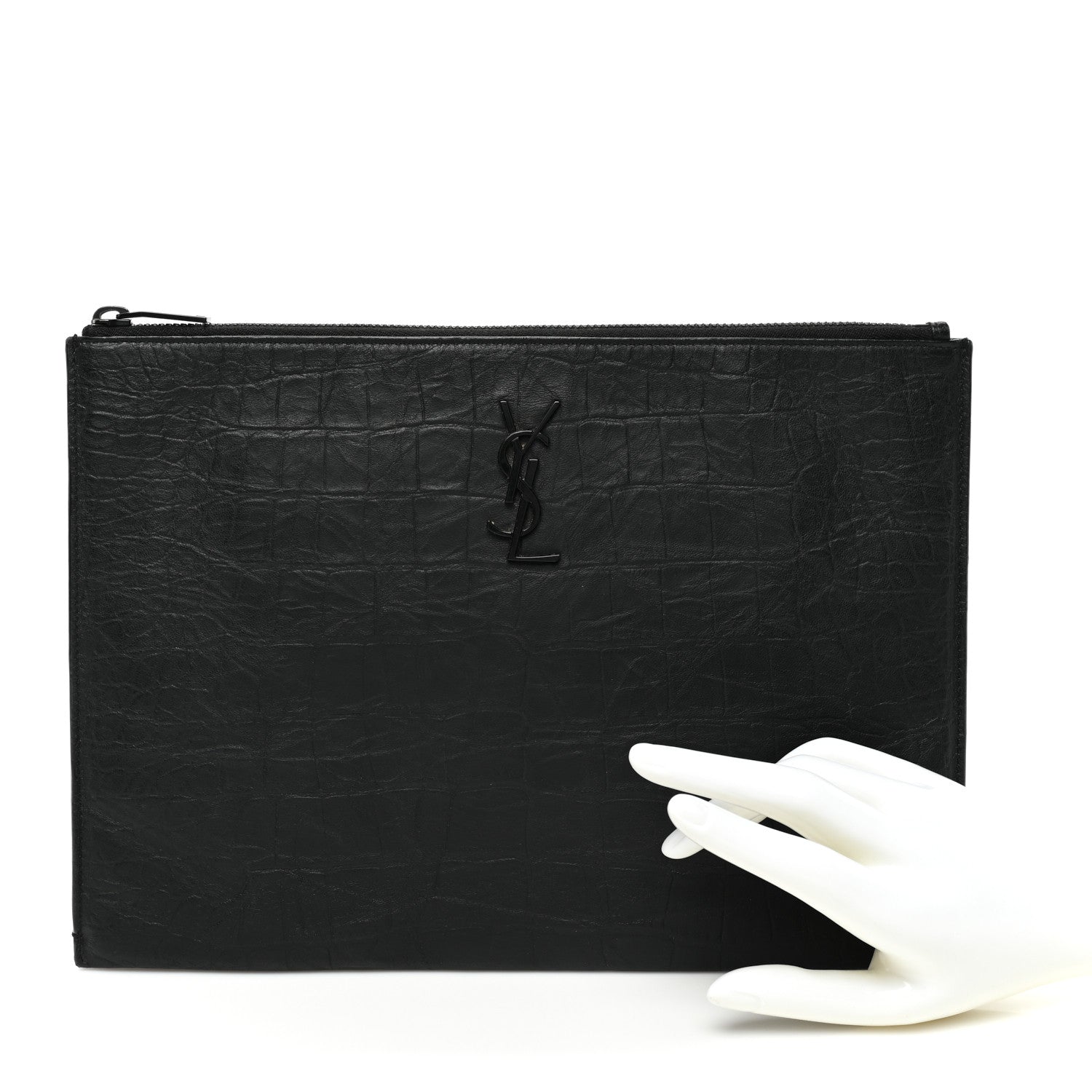 Saint Laurent Calfskin Crocodile Embossed Monogram iPad Case Black 2 of 6
