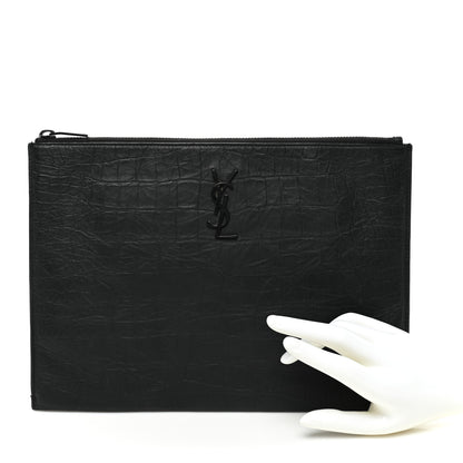 Saint Laurent Calfskin Crocodile Embossed Monogram iPad Case Black 2 of 6