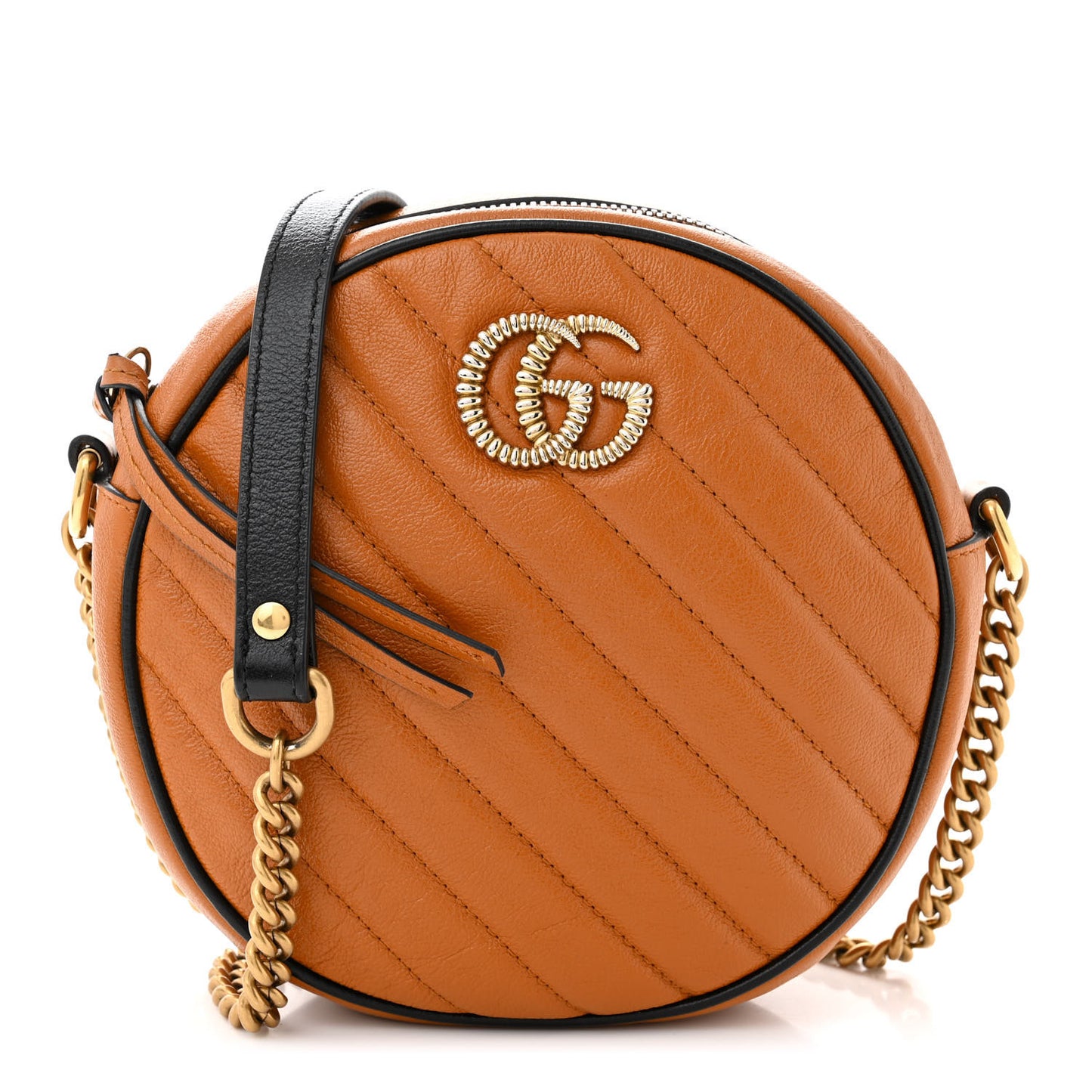 Azalea Calfskin Matelasse Diagonal Mini Torchon GG Marmont Round Shoulder Bag Cognac Black
