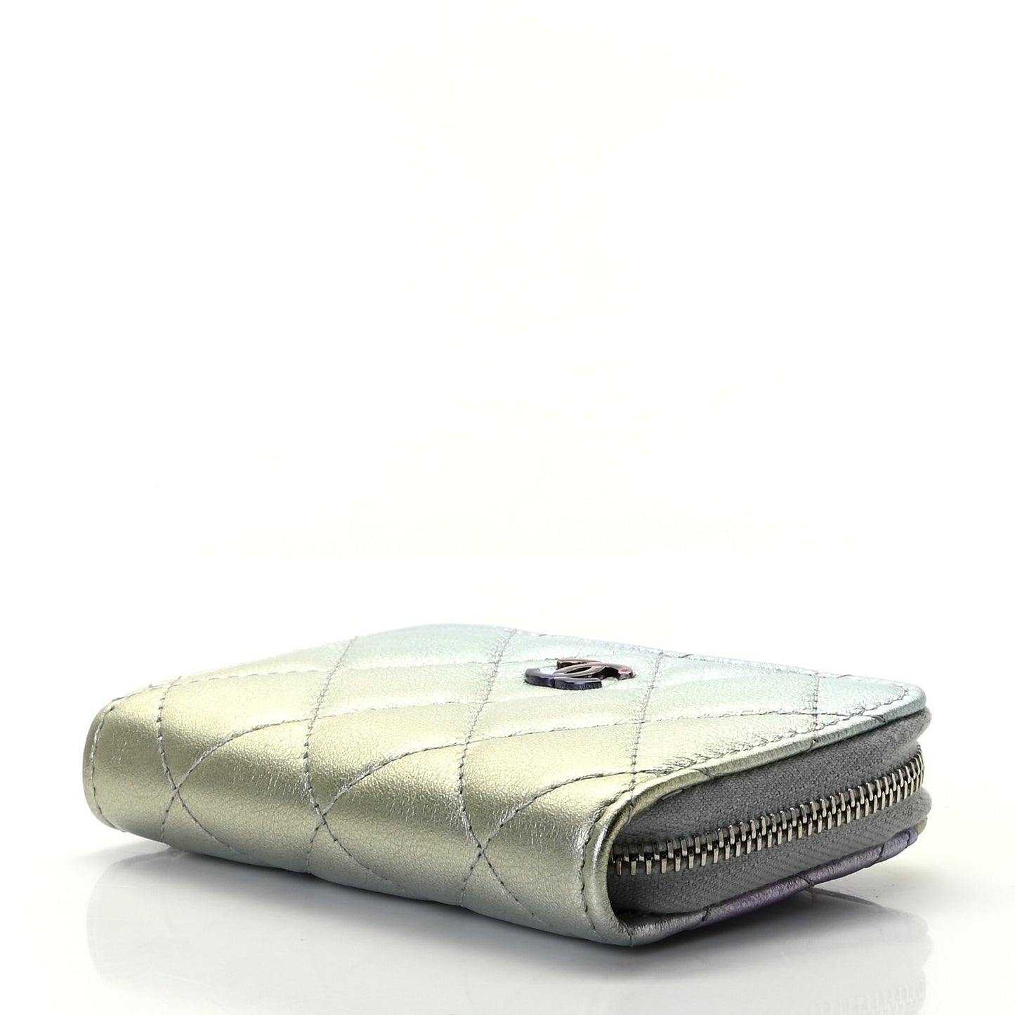 Gradient Metallic Calfskin Quilted Zip Around Coin Purse Wallet Silver Blue Yellow Purple