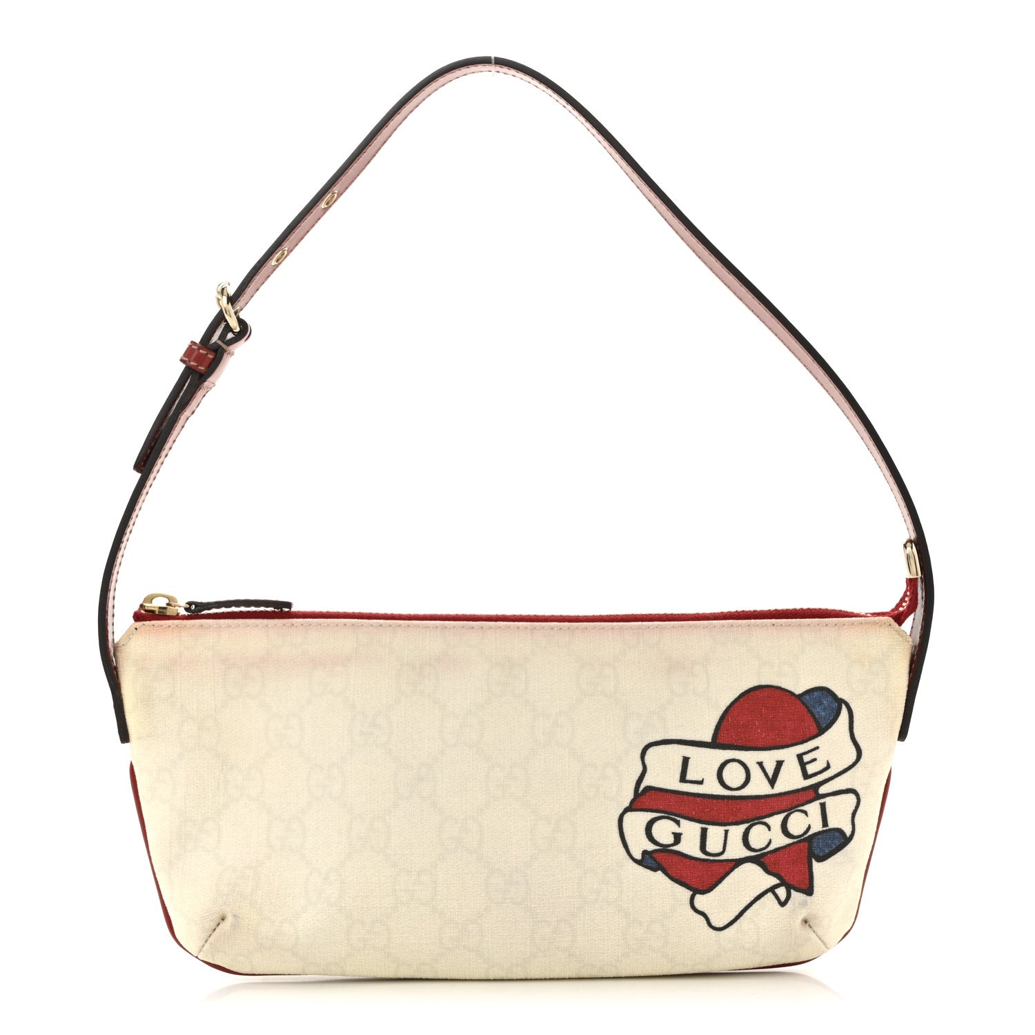 Gucci GG Plus Monogram Tattoo Heart Boat Pochette Off White Red 1 of 13
