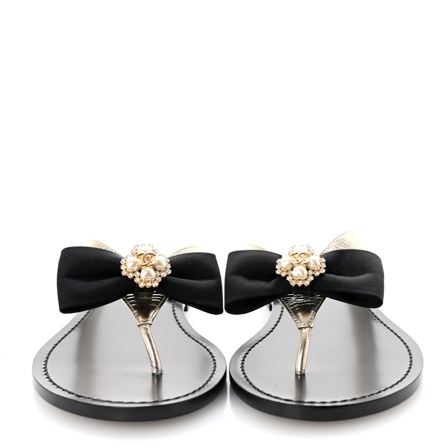 Metallic Laminated Goatskin Grosgrain Bow Pearl Thong Sandals 38 Black Gold