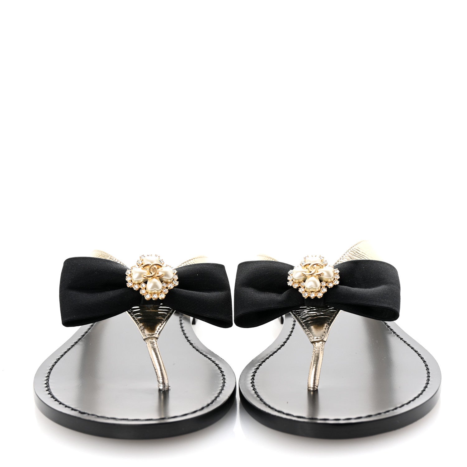 Chanel Metallic Laminated Goatskin Grosgrain Bow Pearl Thong Sandals 38 Black Gold 3 of 10