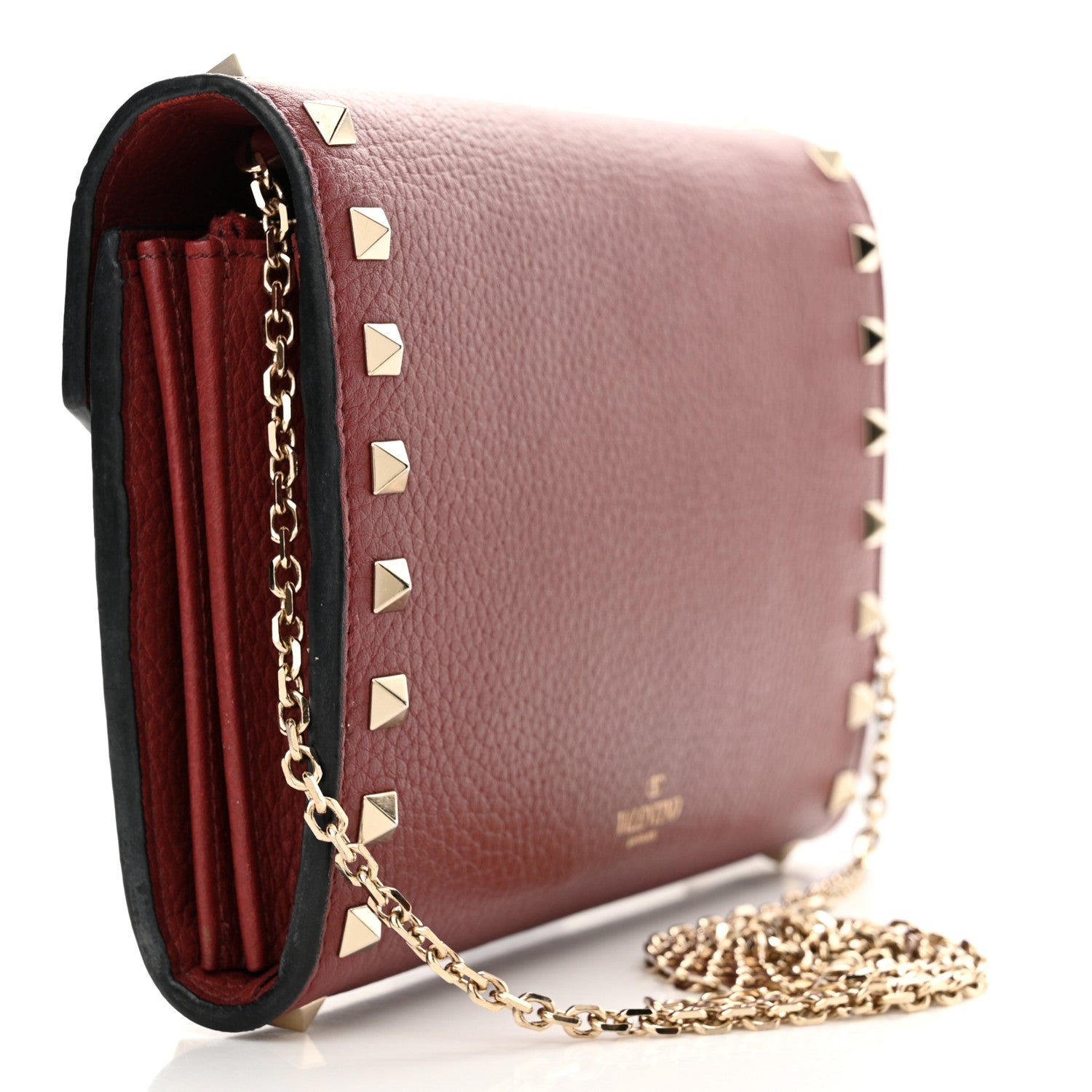Valentino Garavani Pebbled Calfskin Rockstud Envelope Wallet on Chain Rubino 3 of 13