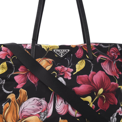 Prada Tessuto Nylon Saffiano Floral Print Tote Black 8 of 10