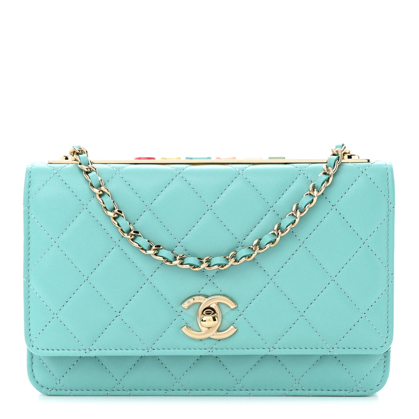 Lambskin Quilted Trendy CC Wallet On Chain WOC Turquoise