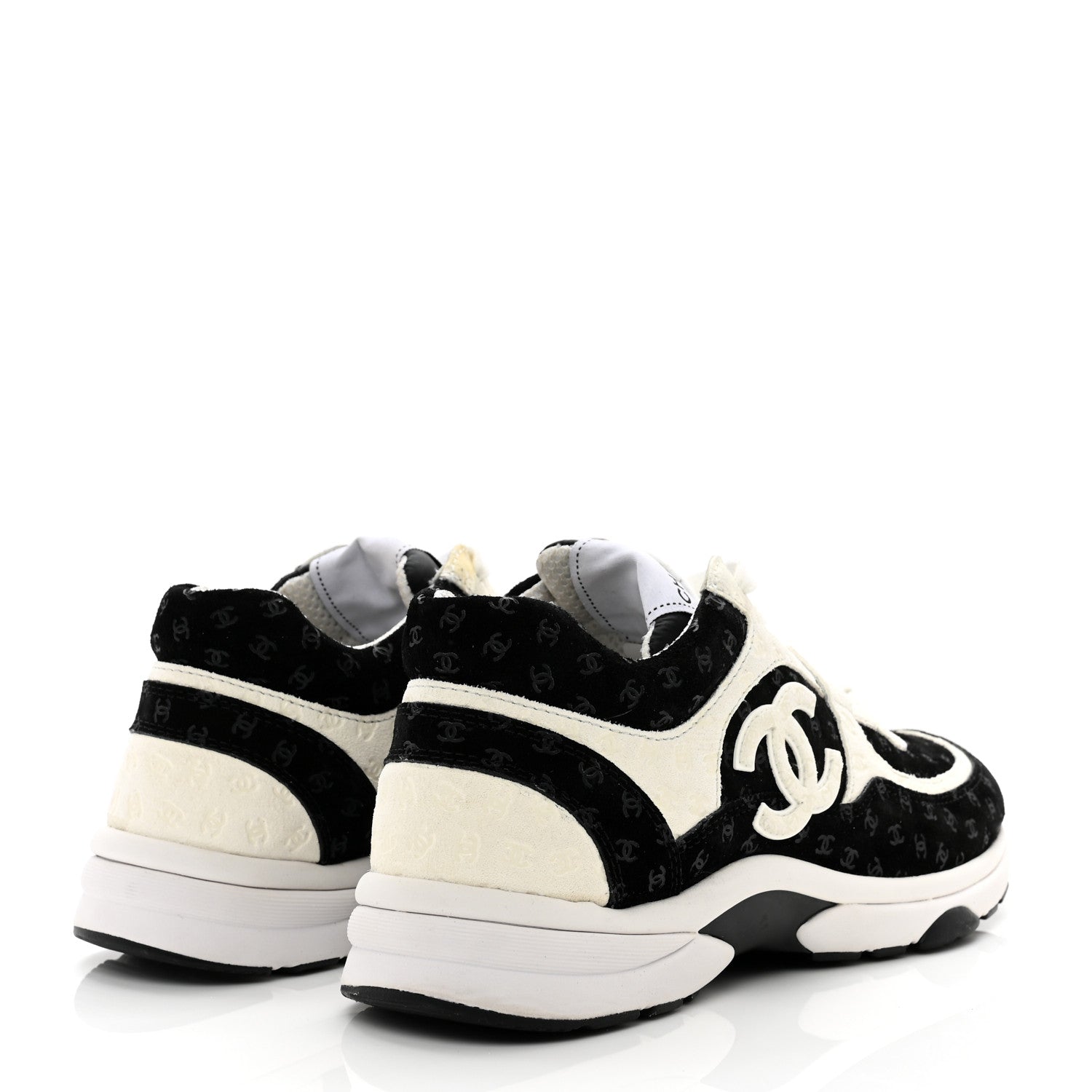 Chanel Nylon Suede Calfskin Printed CC Sneakers 38.5 White Black 4 of 9