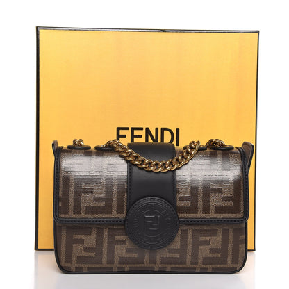 Fendi Glazed Fabric Vitello Century FF 1974 Stamp Patch Mini Double F Crossbody Bag Mogano Panna Black 8 of 8
