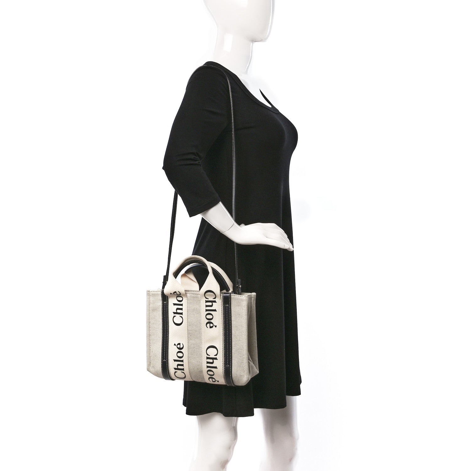 Chloe Cotton Calfskin Small Woody Ribbon Tote With Strap White Navy 2 of 10