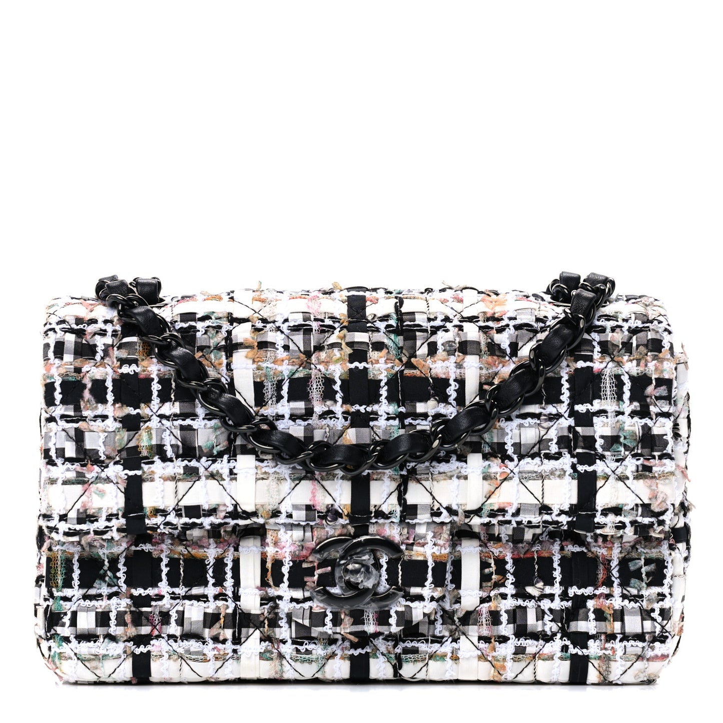 Tweed Quilted Mini Rectangular Flap White Black Multicolor