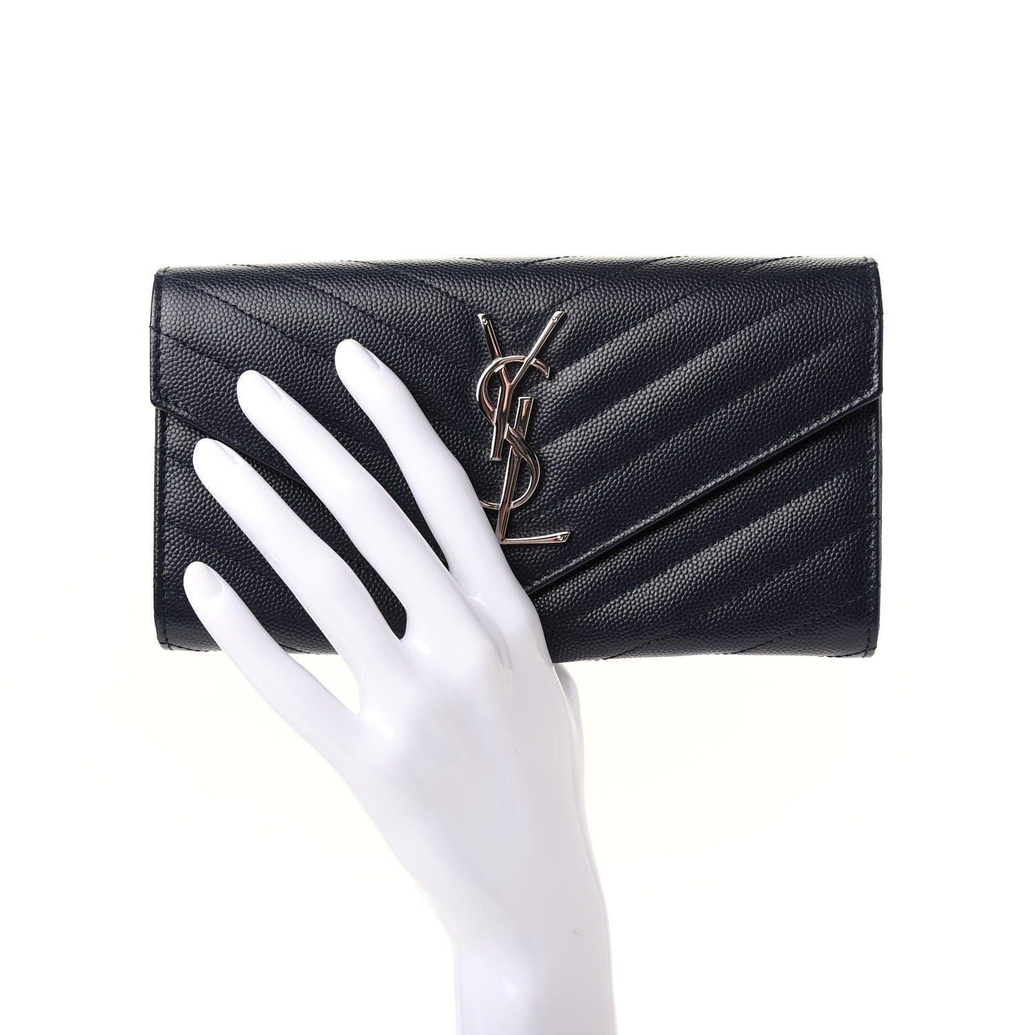 Saint Laurent Grain De Poudre Matelasse Chevron Monogram Flap Wallet Deep Marine 2 of 6