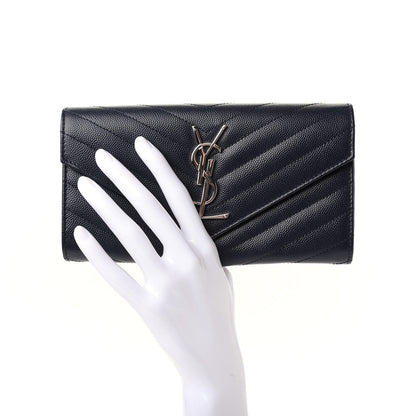 Saint Laurent Grain De Poudre Matelasse Chevron Monogram Flap Wallet Deep Marine 2 of 6