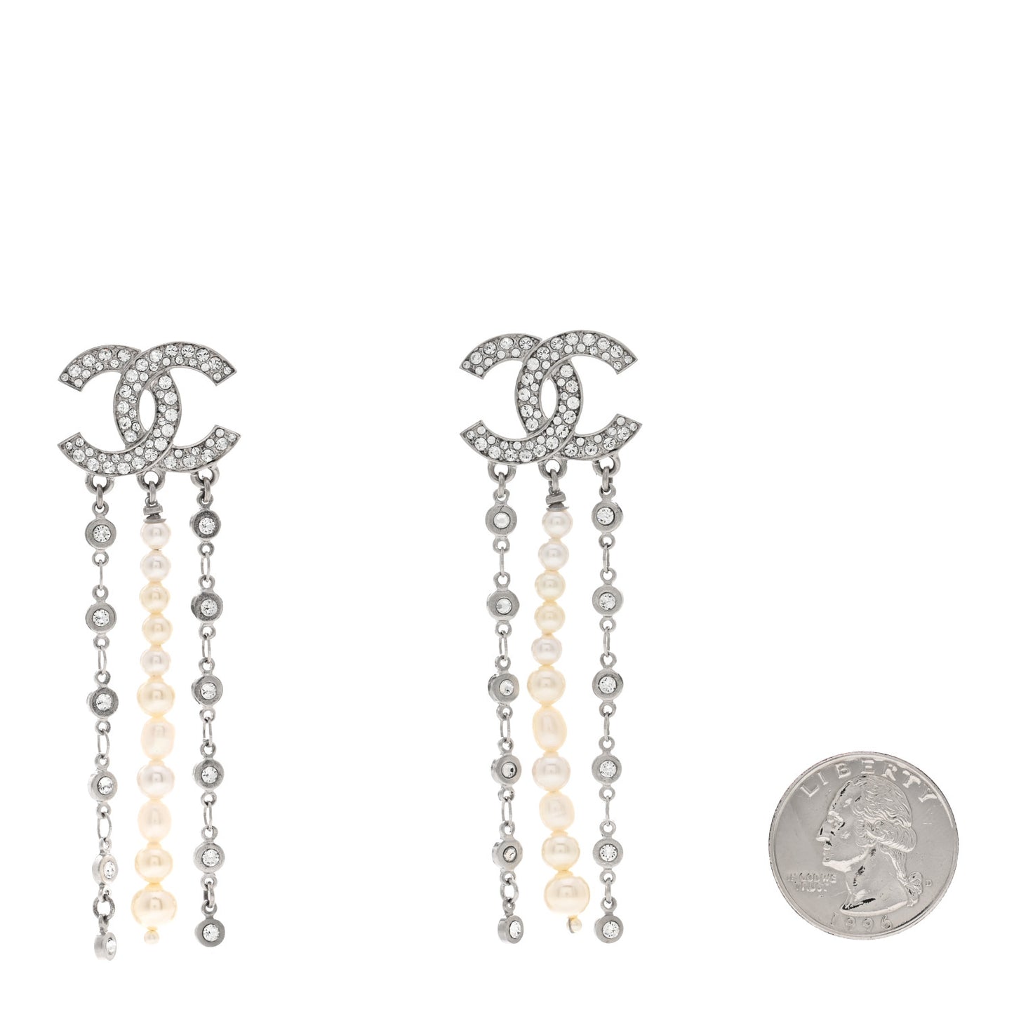 Pearl Crystal CC Chain Drop Earrings Silver