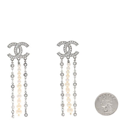Chanel Pearl Crystal CC Chain Drop Earrings Silver 2 of 8