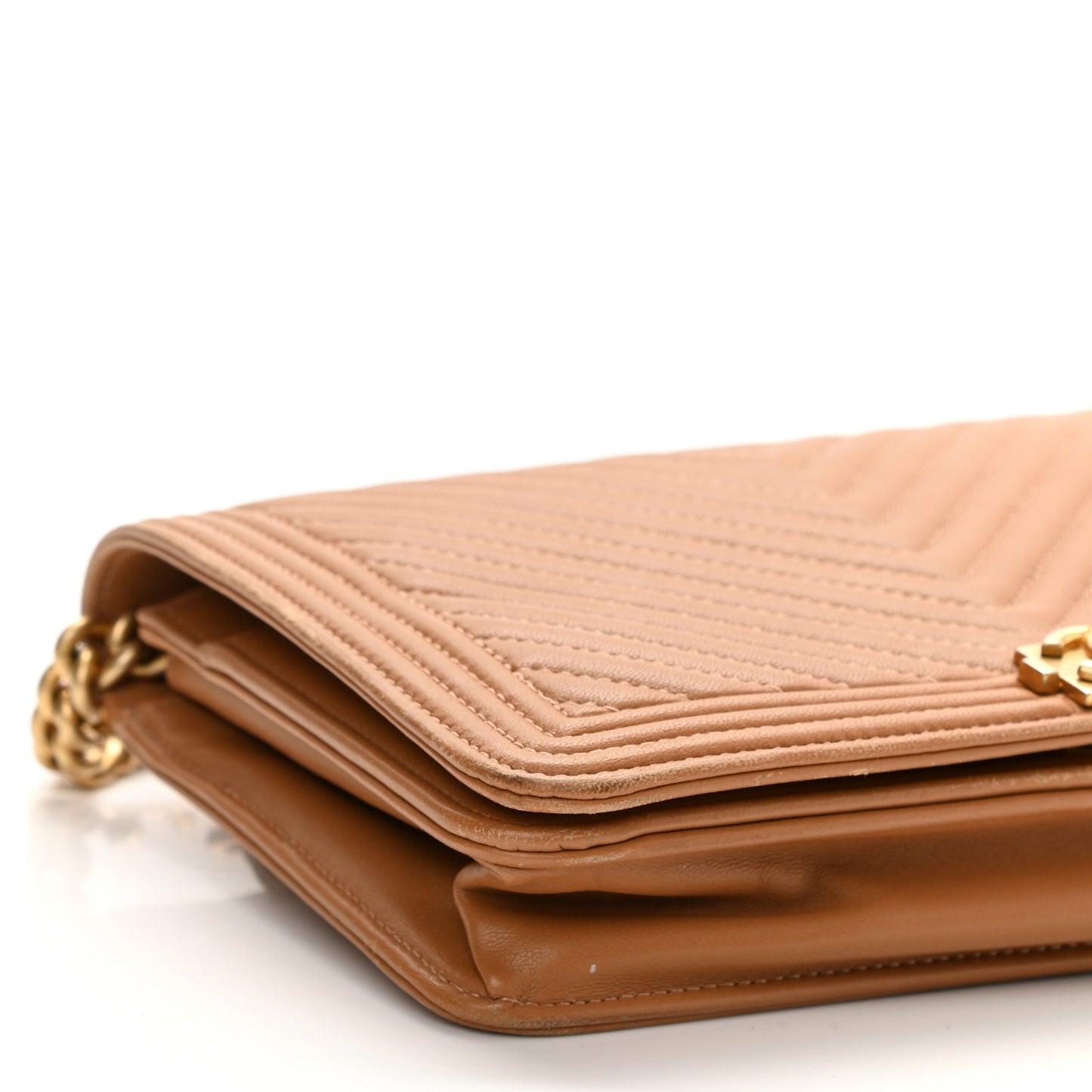 Lambskin Chevron Quilted Boy Wallet On Chain WOC Brown