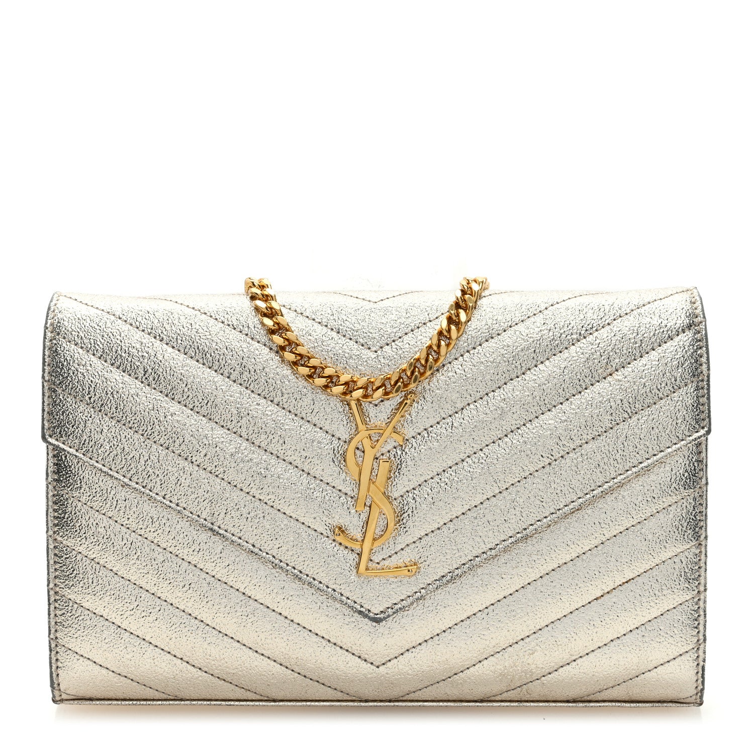 Saint Laurent Metallic Crackled Calfskin Matelasse Chevron Monogram Chain Wallet Gold 1 of 8