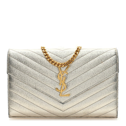 Saint Laurent Metallic Crackled Calfskin Matelasse Chevron Monogram Chain Wallet Gold 1 of 8