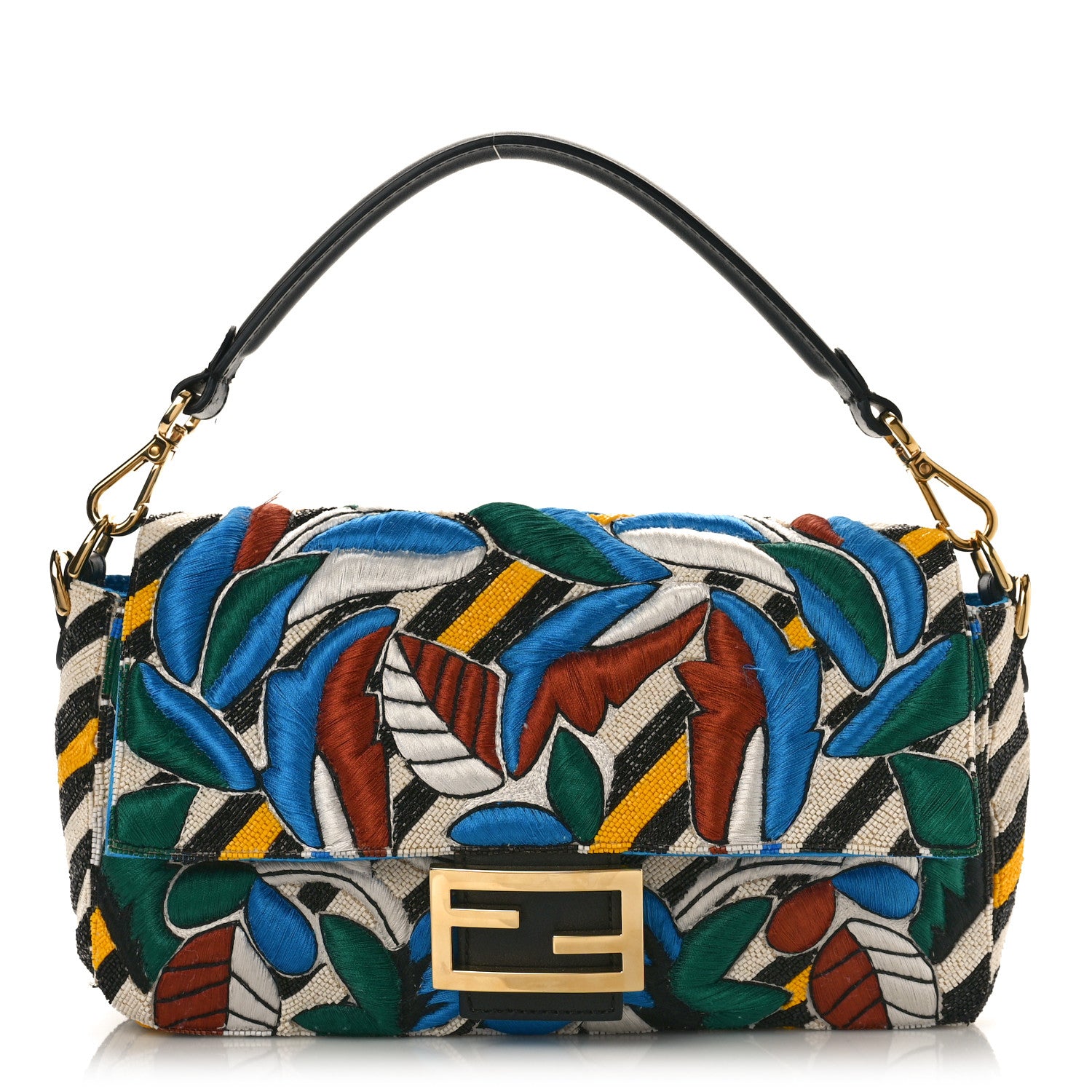 Fendi Beaded Vitello Dolce Leaf Embroidered Baguette Multicolor Black 1 of 13