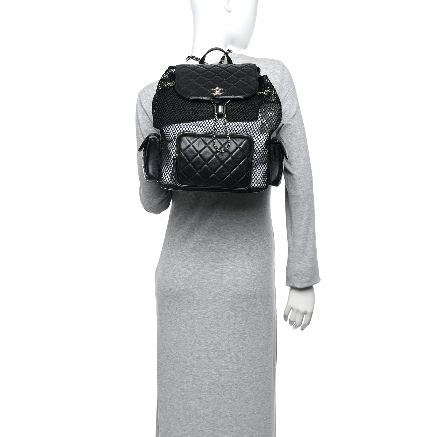 Shiny Lambskin Mesh Quilted Large Cargo Duma Drawstring Backpack Black