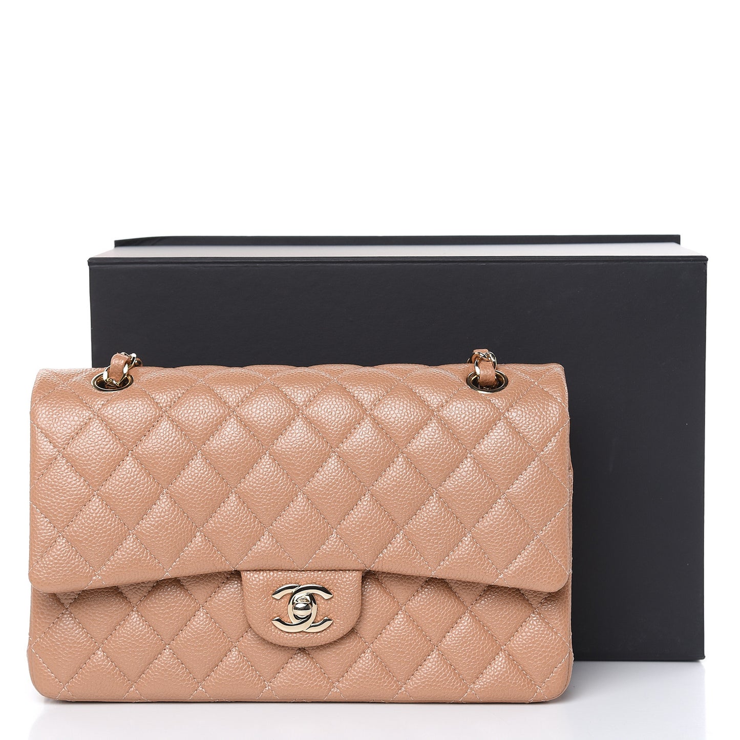 Caviar Quilted Medium Double Flap Beige
