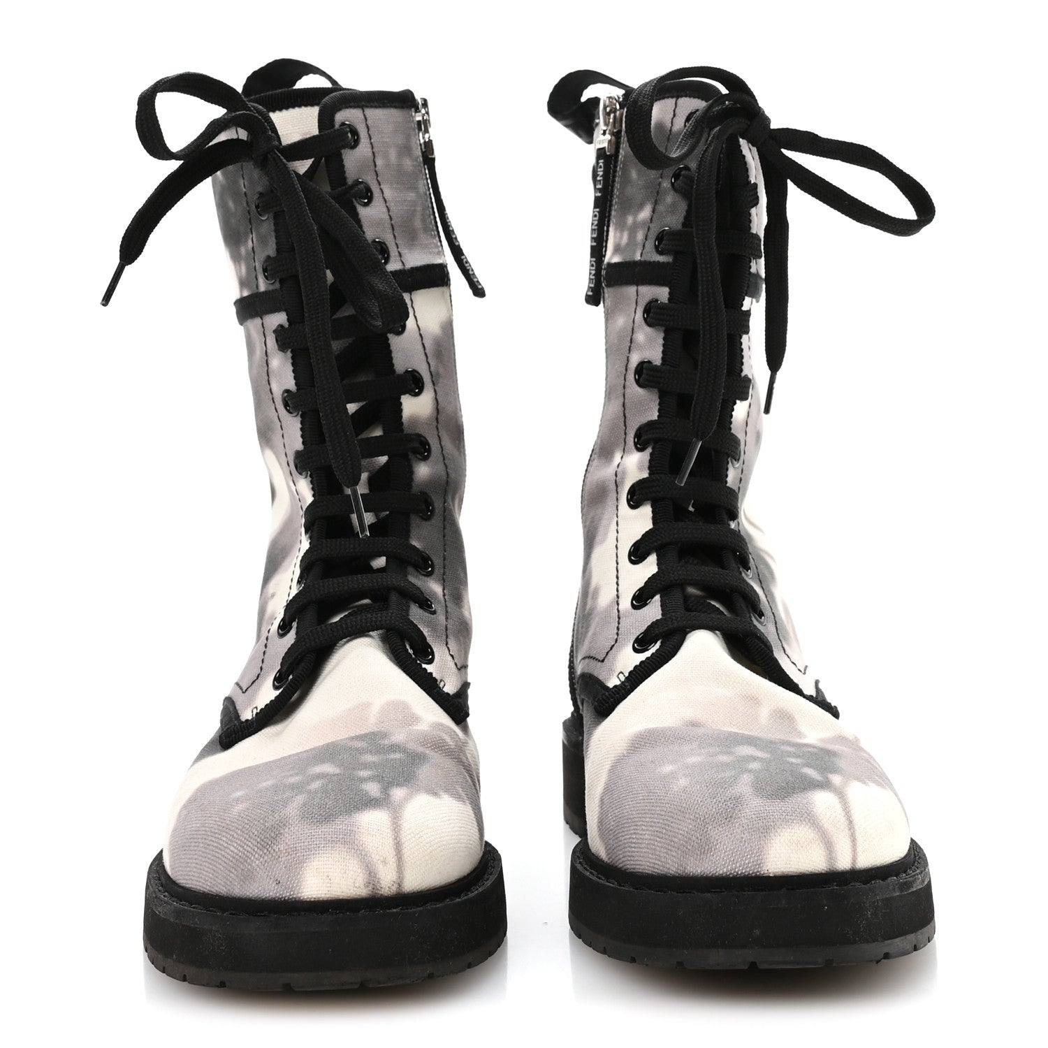 Fendi Canvas Floral Print Logo Bi-Color Womens Biker Boots 40 White Black 3 of 7