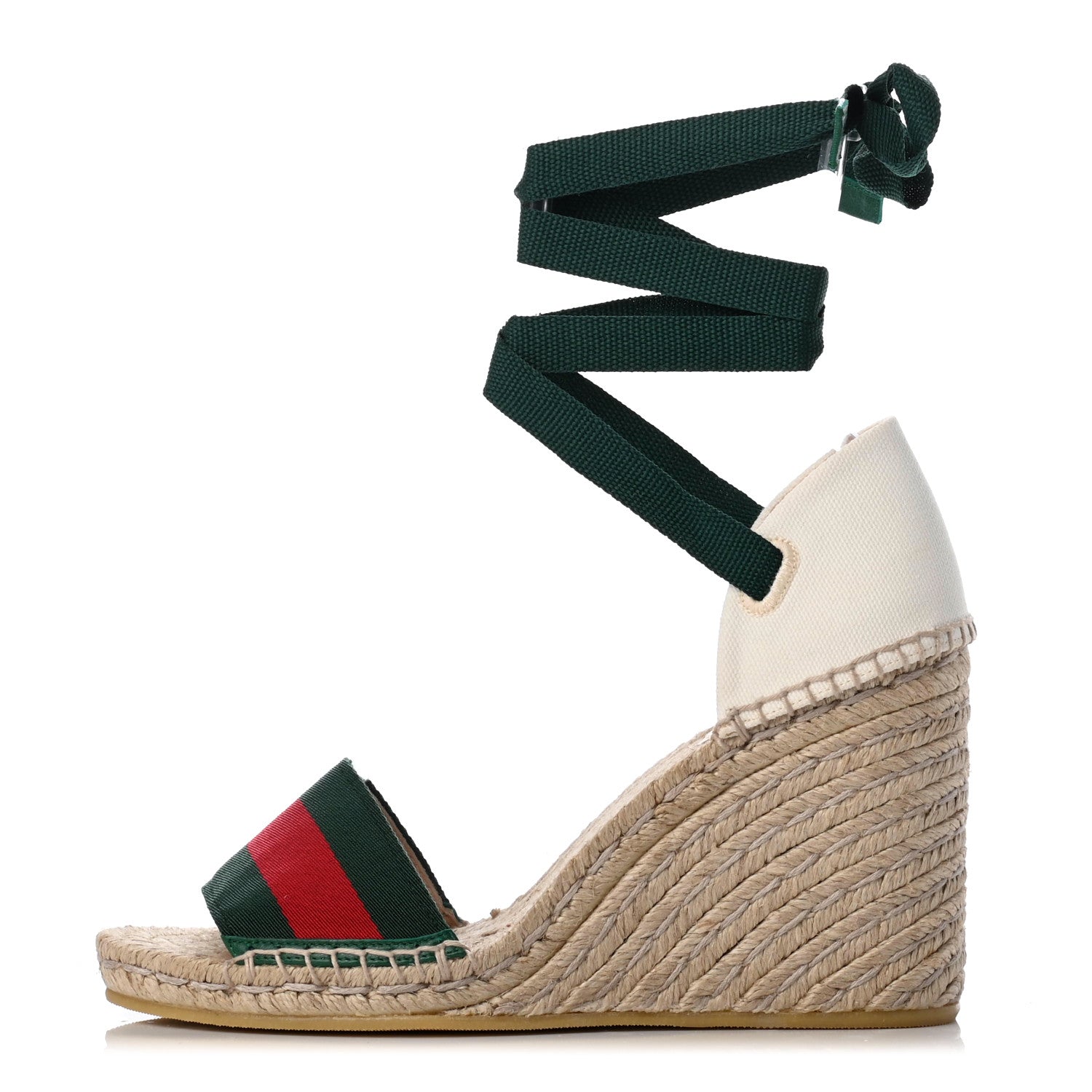 Gucci Canvas Malaga Kid Web Ankle Wrap Espadrille Wedge Sandals 37.5 Green Red Mystic White Emerald 1 of 8
