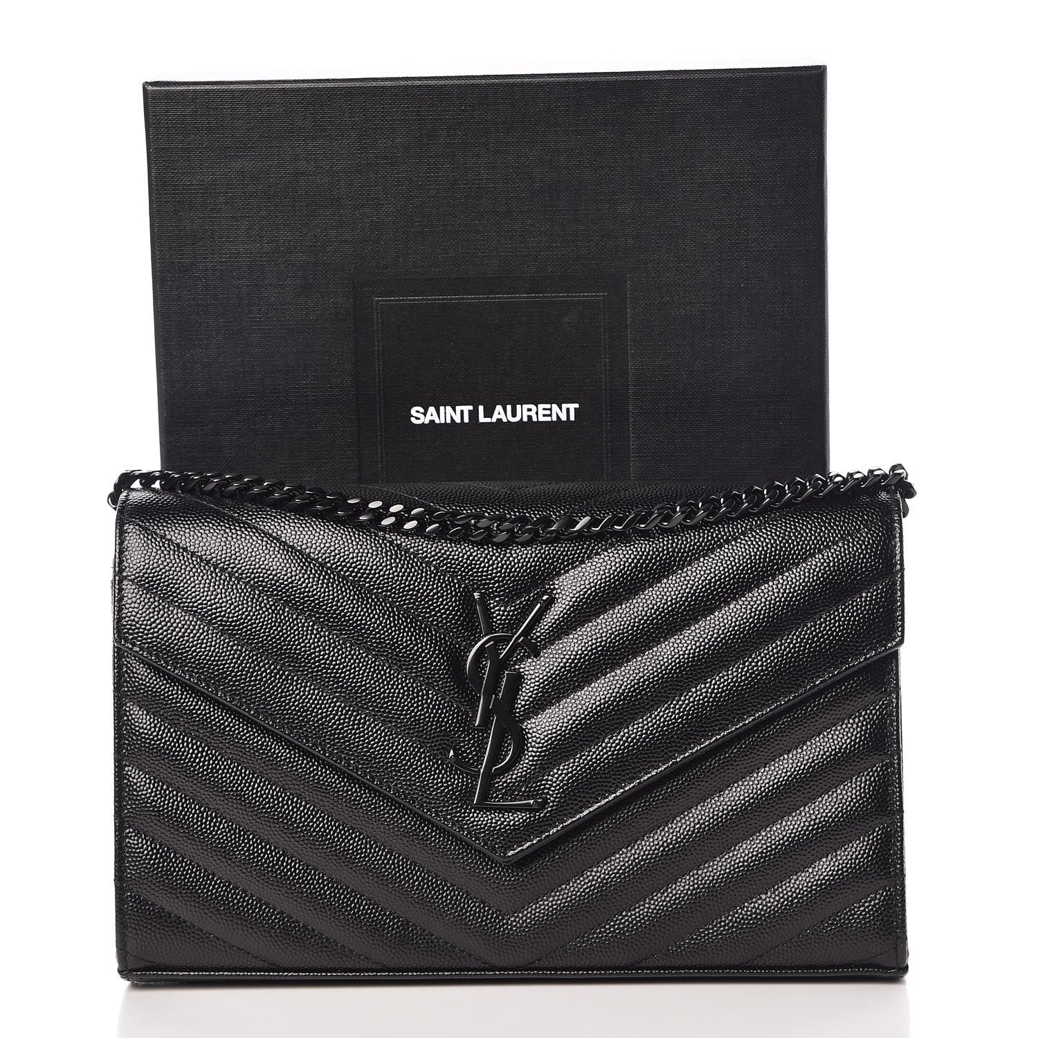 Saint Laurent Grain De Poudre Matelasse Chevron Monogram Chain Wallet Black 7 of 7