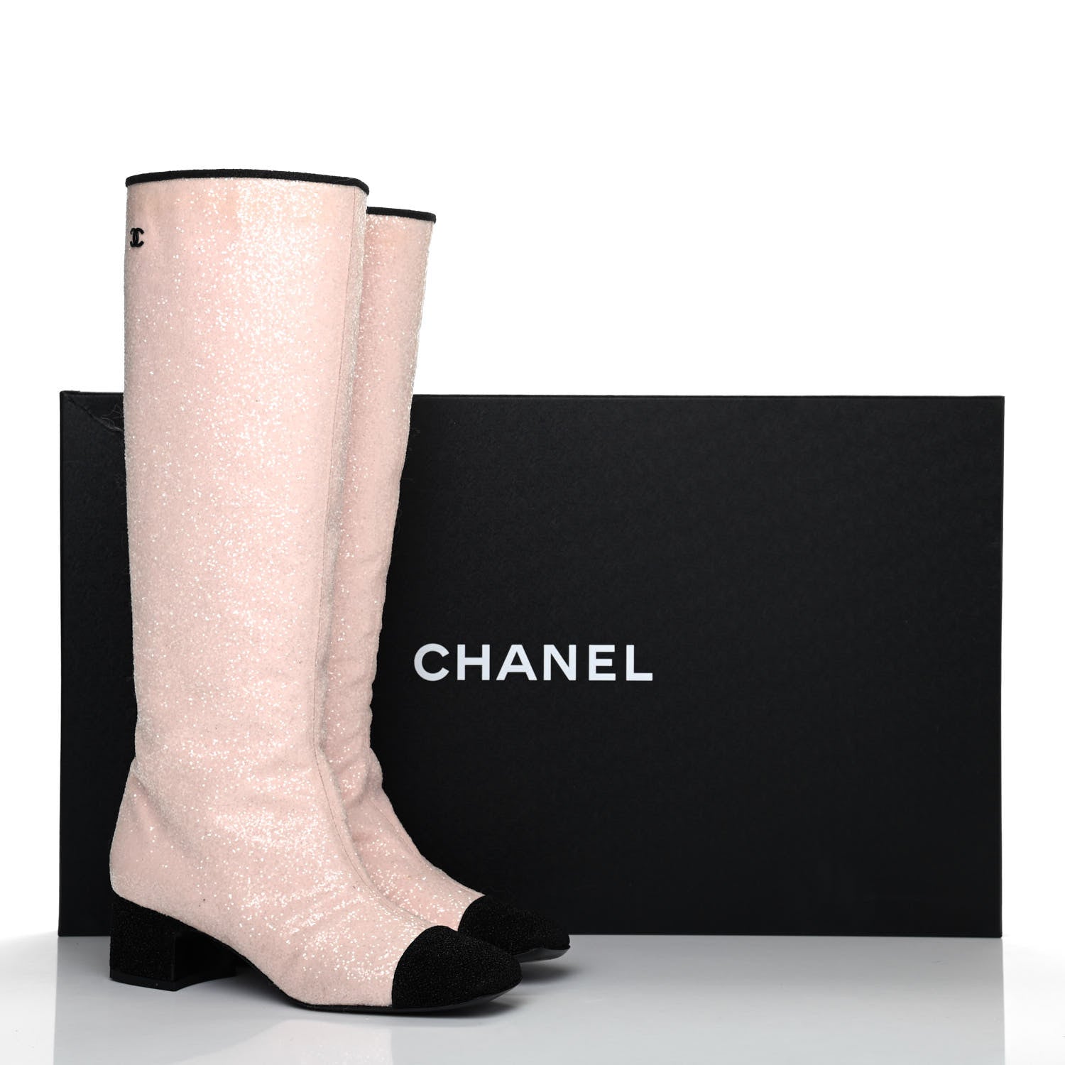 Chanel Glitter Fabric Lurex Cap Toe Fantasy High Boots 38.5 Pink Black 16 of 16