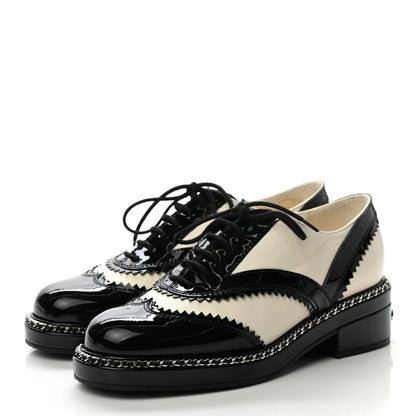 Chanel Lambskin Patent Calfskin CC Brogue Lace Up Oxfords 35.5 Ivory Black 3 of 9